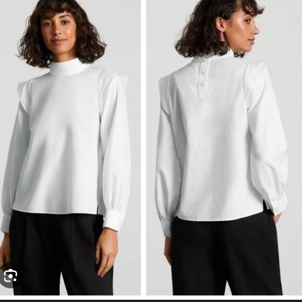 NWT Everlane Wing Shoulder Blouse Long Sleeve Mock Neck White Cotton 12